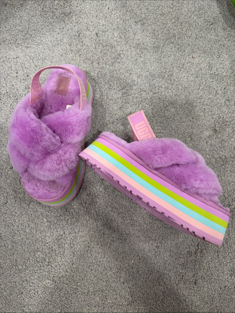 UGG Lavender Fluffy Platform Sandals with Rainbow Stripes
